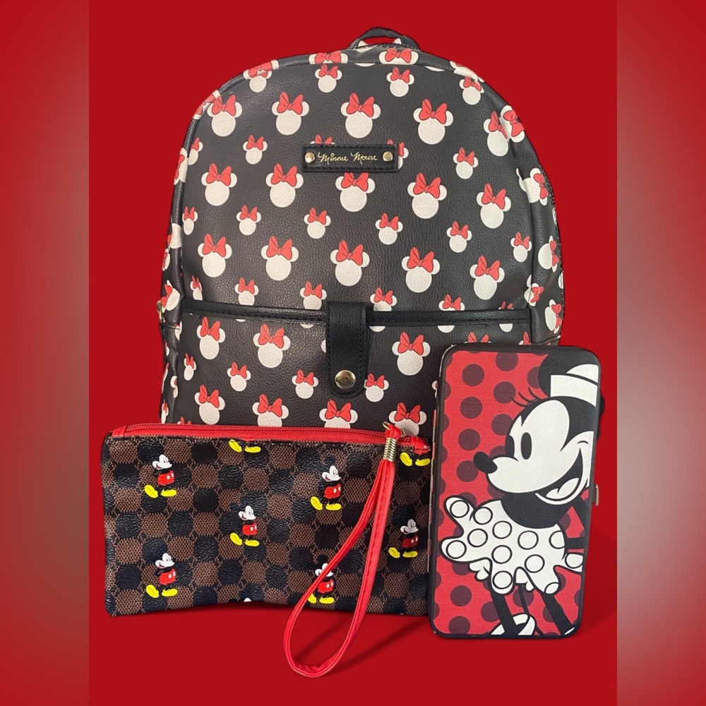 3pc Disney Mickey & Minnie Backpack, Wallet & Wristlet